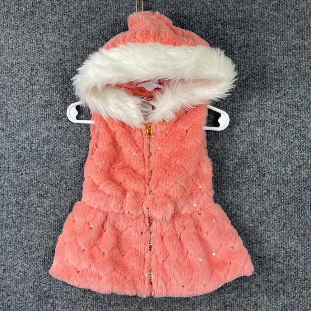 Little Lass Baby Girls Vest 12M Coral Pink Faux Fur Sequin Hooded Full Zip